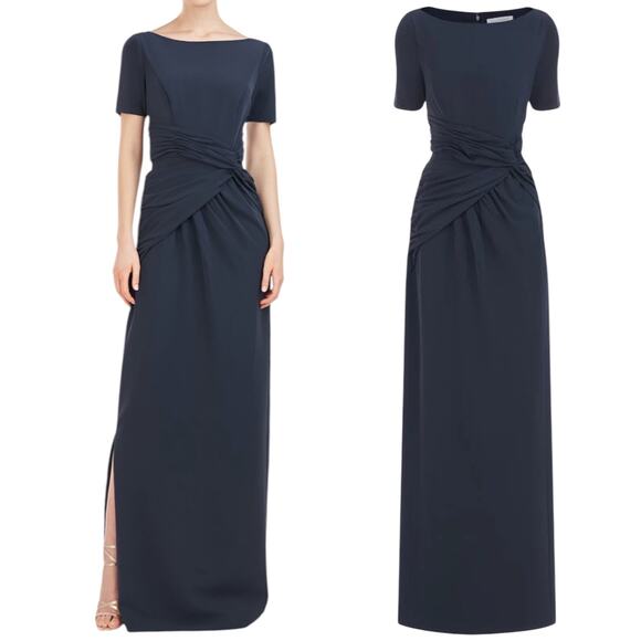 Kay Unger Garbo Gathered Column Gown Short Sleeve Carbon Blue Size 8 - Picture 2 of 14